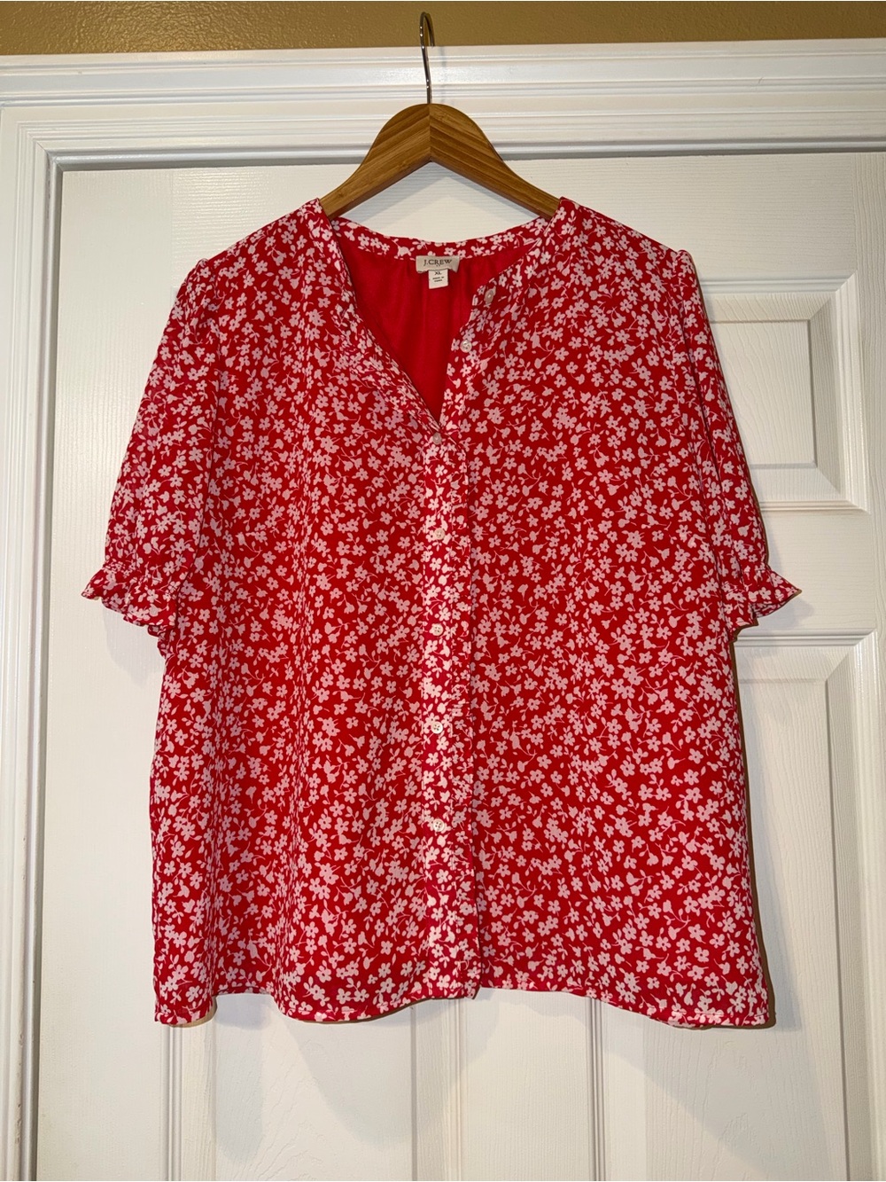 J. Crew Red Floral V-Neck Blouse. EUC - Picture 2 of 6